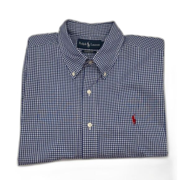Ralph Lauren Men's SZ L Blue & White Check SS Button Down Shirt Red RL Logo NWOT - Picture 1 of 9